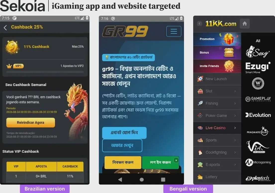 Приложение и уебсайт за iGaming, избрани за цел (източник: Sekoia)