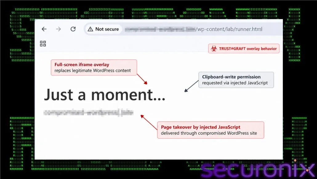 Фалшив iframe за проверка, показан върху страницата на WordPress лабораторията (Източник - Securonix)