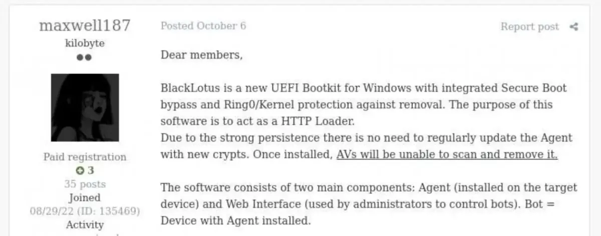 Реклама на BlackLotus (източник: Securelist)