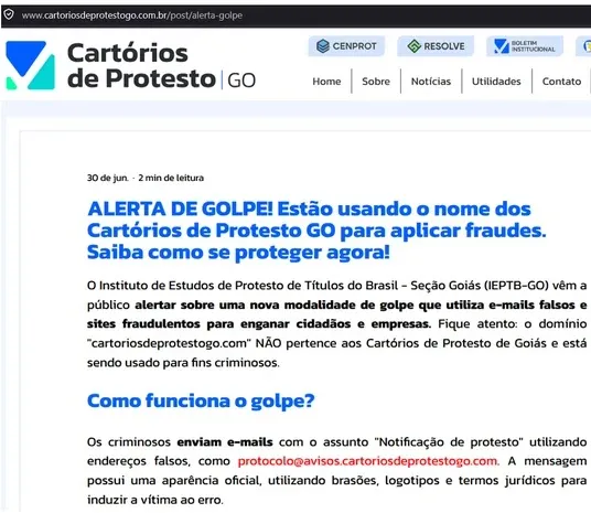Сигнал от Протестния нотариат на щата Гояс за измамата (Източник – WatchGuard)