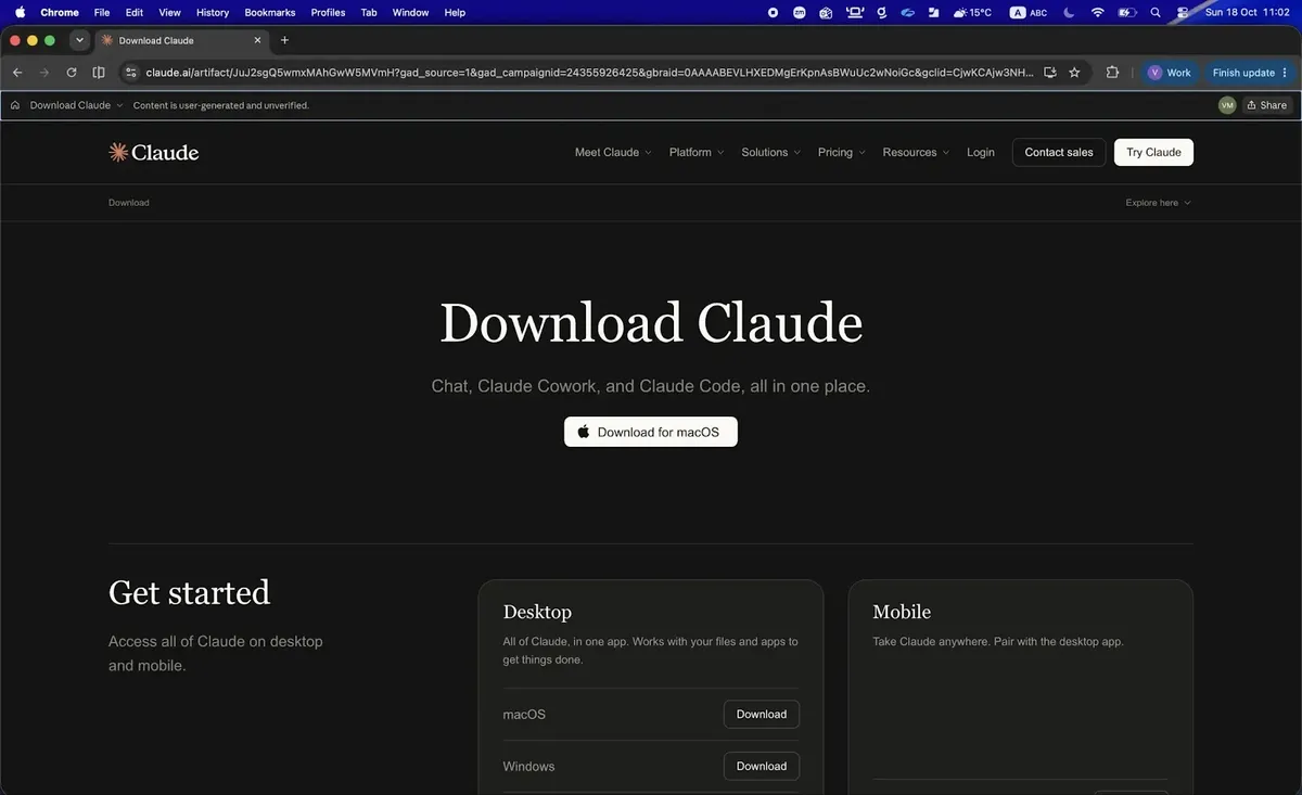 ЗЛОНАМЕРЕНО — фалшивата страница „Download Claude“, поместена като Claude.ai Artifact (Източник - GenDigital)