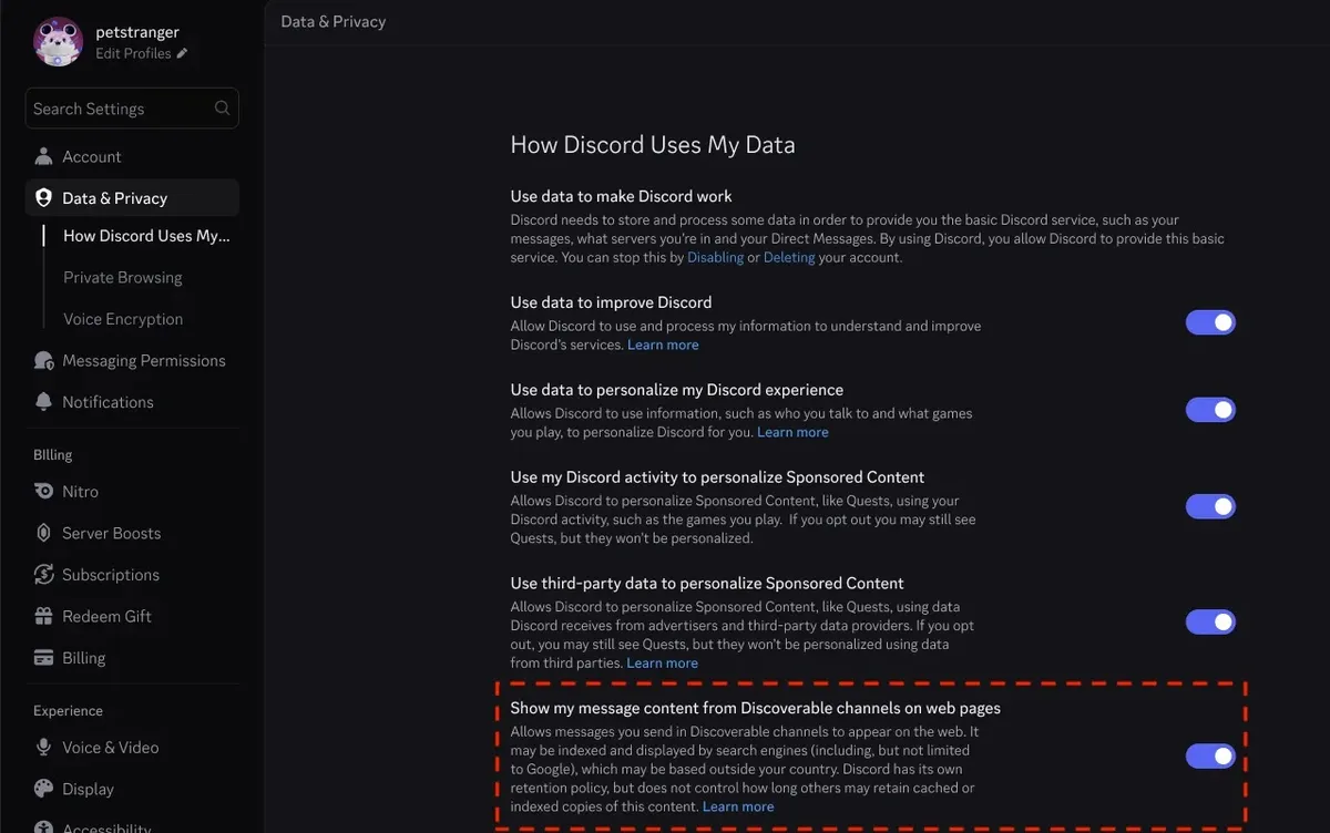 Настройки за поверителност на съобщенията в Discord