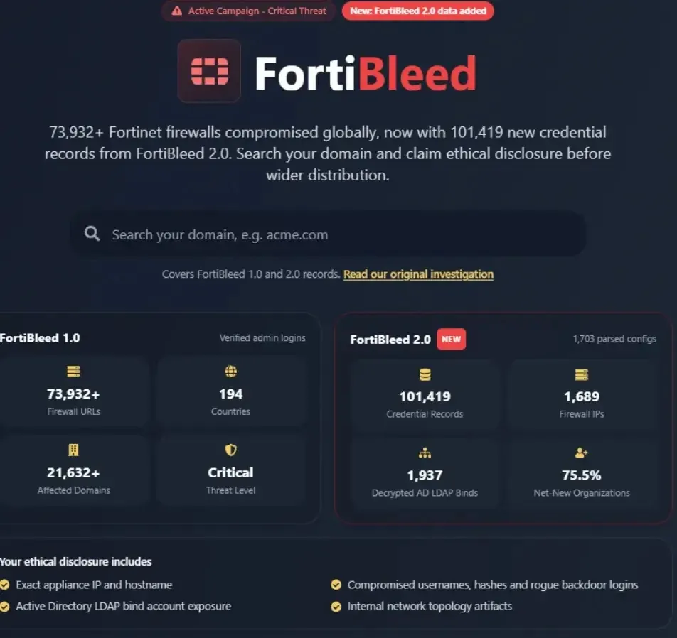 Преглед на безплатния портал за търсене FortiBleed на Hudson Rock (източник: infostealers)